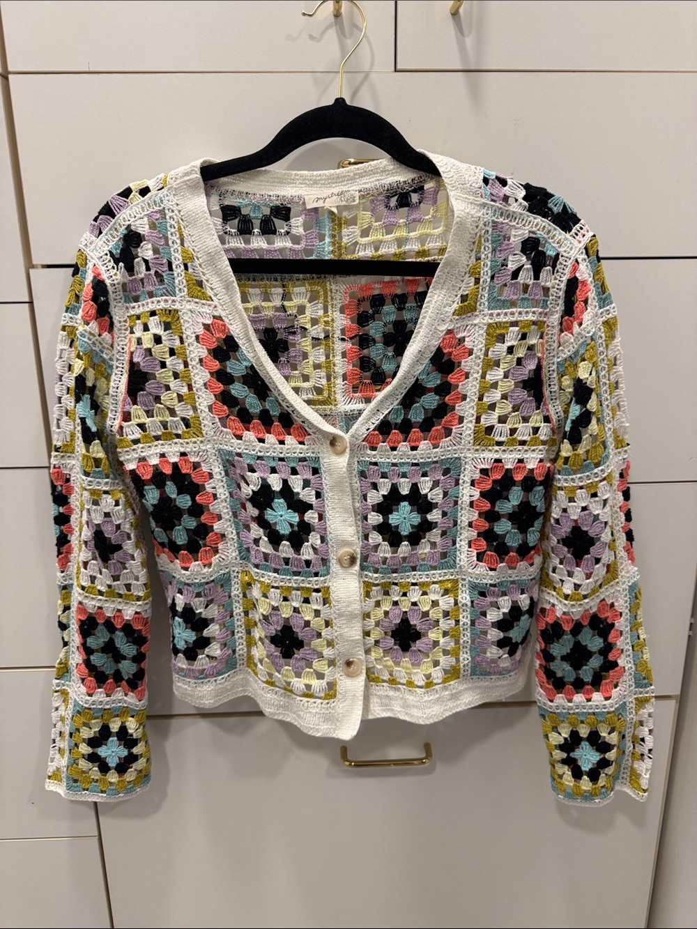 Mystree Multicolor Crochet V-Neck Button Cardigan